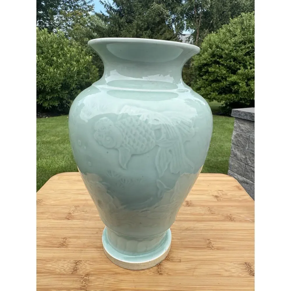 Vintage Large Chinese Celadon Relief Green Fish Vase 11.5” Tall X 7” Wide